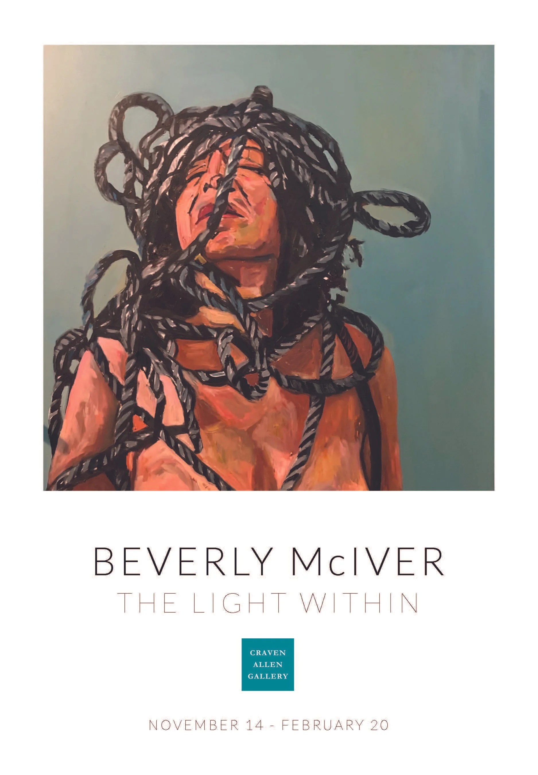 Book cover titled "The Light Within" by Beverly McIver, featuring a portrait of a woman with dark, curly hair and a serious expression, with an abstract background.