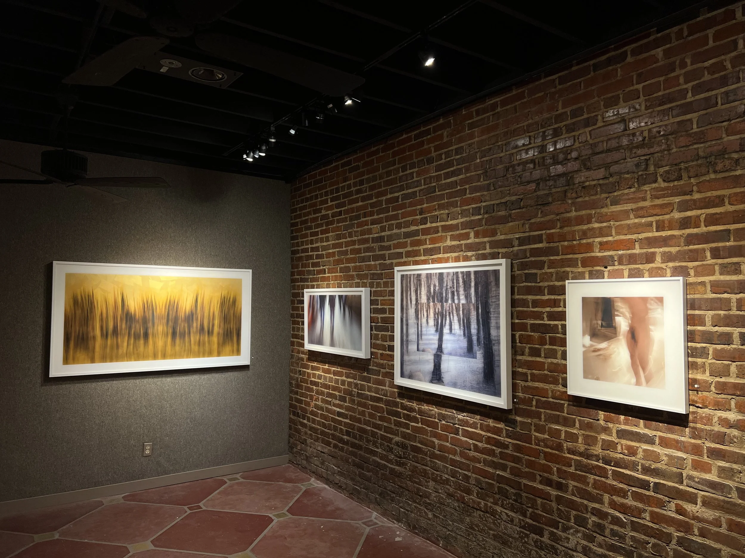 Interior of an art gallery with brick and gray walls displaying framed photographs. Spotlights illuminate the artworks, and a ceiling fan is visible.