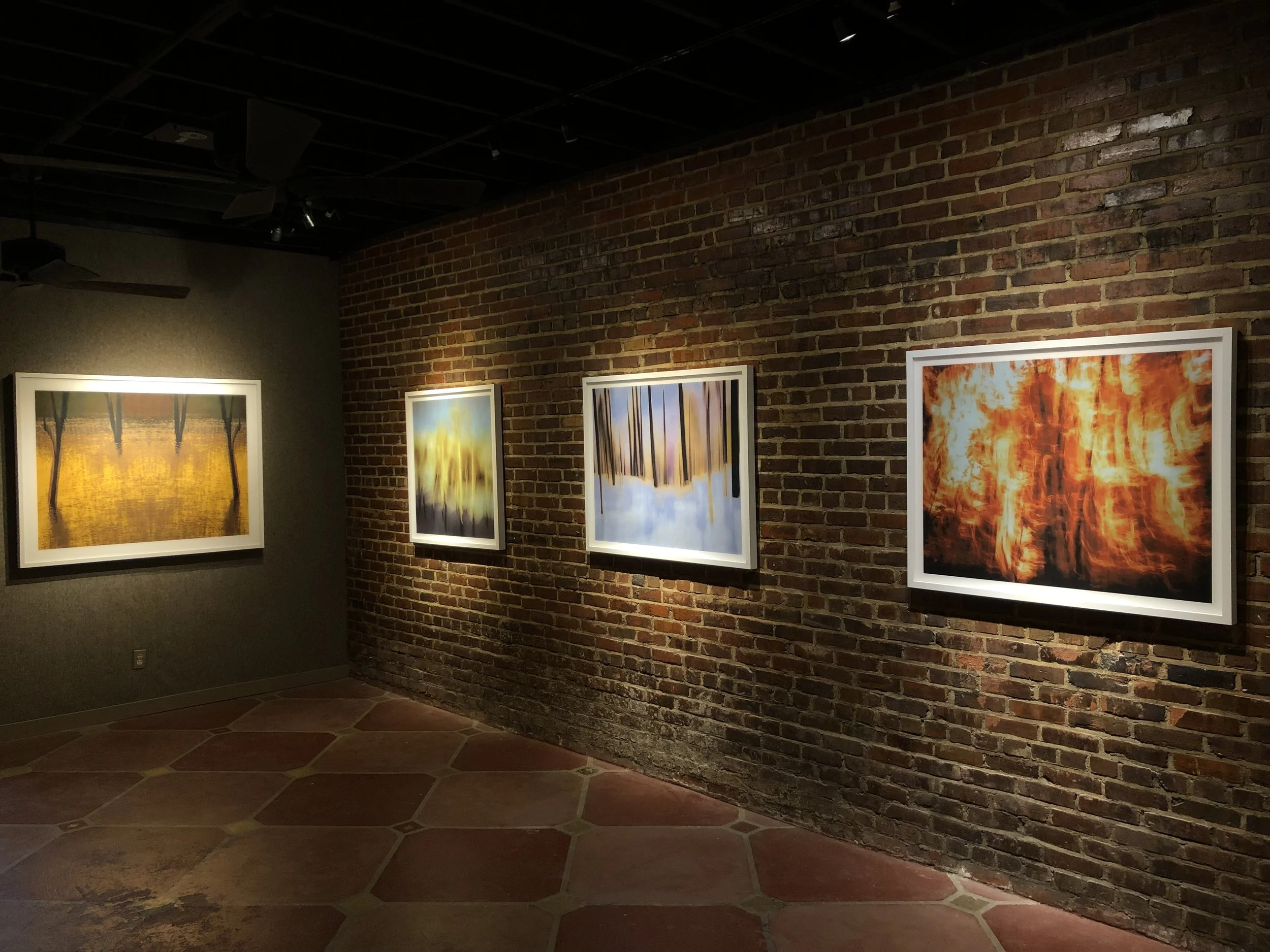 Art gallery with framed landscape photographs on a brick wall in a dimly lit room.