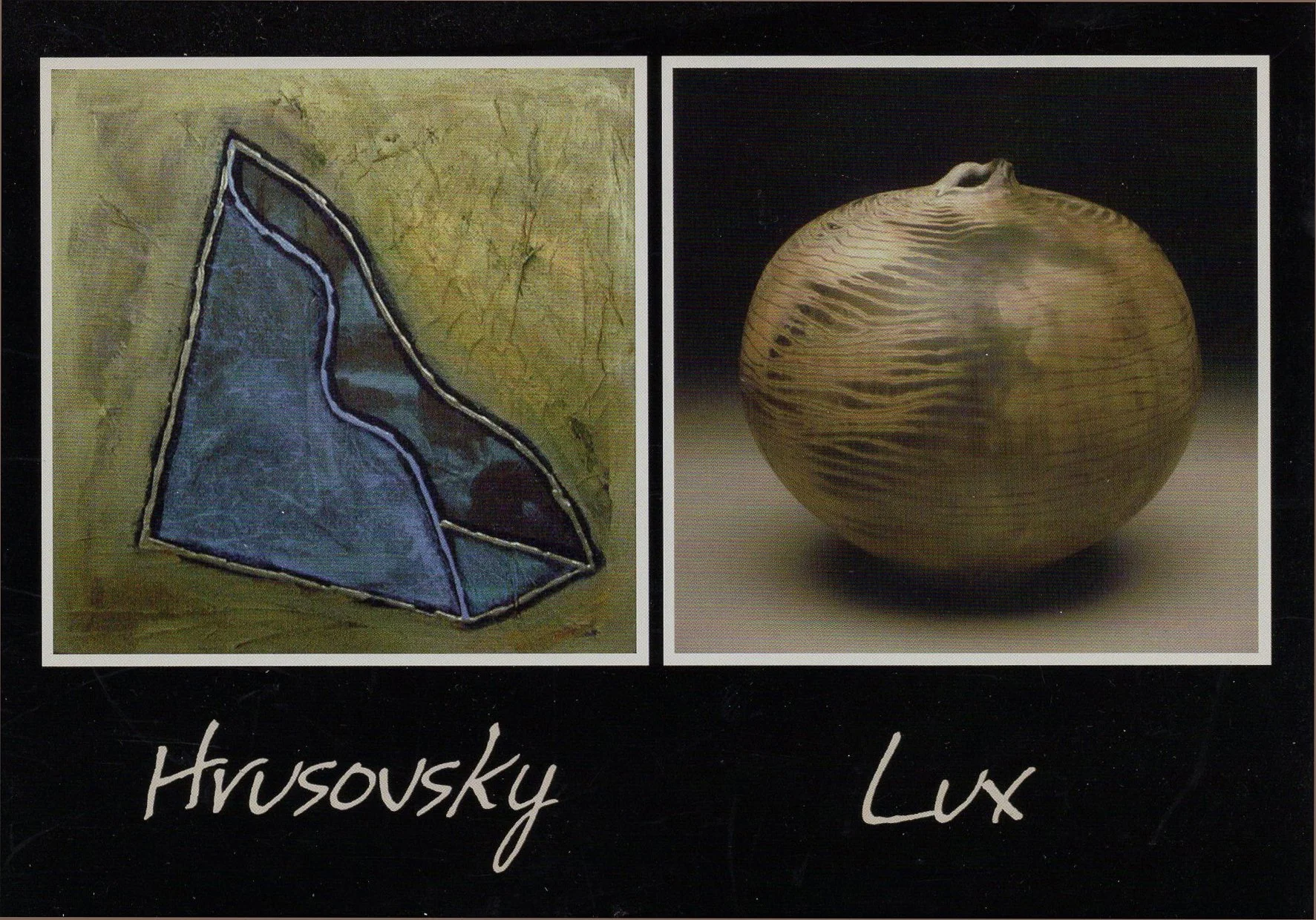A collage of two artworks. On the left, a painting of a triangular, abstract object with dark blue and black colors. On the right, a ceramic vase with a rounded shape and natural wood grain pattern. 