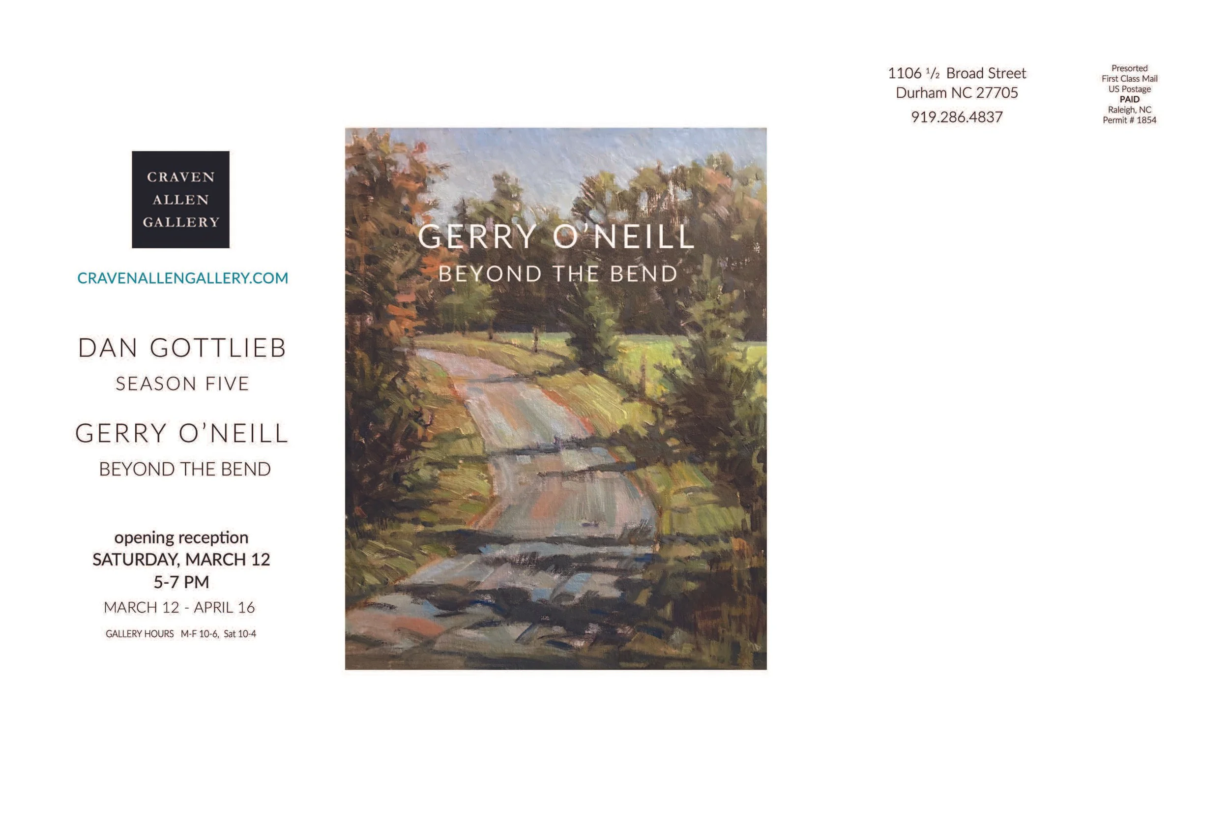 A brochure featuring a painting of a scenic landscape with trees, a pathway, and a blue sky, promoting an art exhibition by Gerry O'Neill at Craven Allen Gallery. The brochure includes the gallery's contact information, exhibition details, and the artist's name.