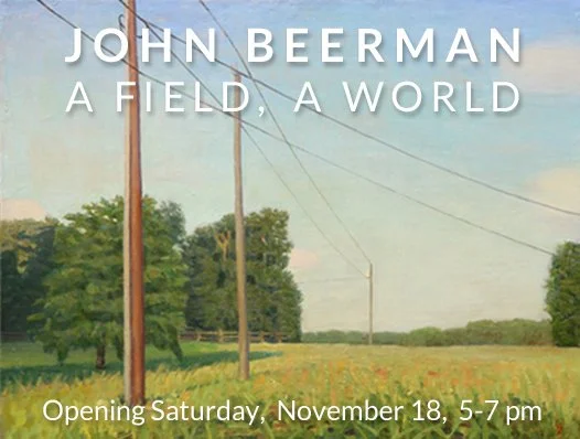 Book cover titled 'John Beerman: A Field, A World', depicting a rural landscape with grass, trees, power lines, and a blue sky, announcing an opening event on Saturday, November 18, from 5 to 7 pm.