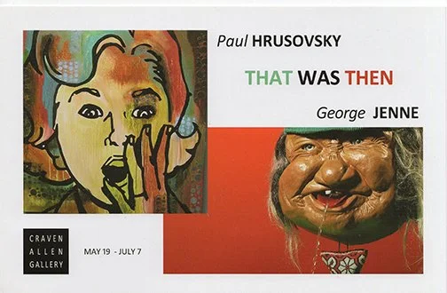 Preview of an art exhibition poster featuring works by Paul Hrusovsky and George Jenne, displaying an abstract portrait and a caricature in a colorful layout.