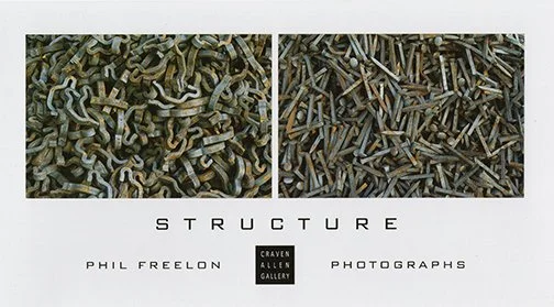 Side-by-side close-up images of tangled metal hooks on the left and an assortment of nails on the right, with the text 'STRUCTURE' and the author 'Phil Freelon' below, related to photograph collection from Craven Allen Gallery.