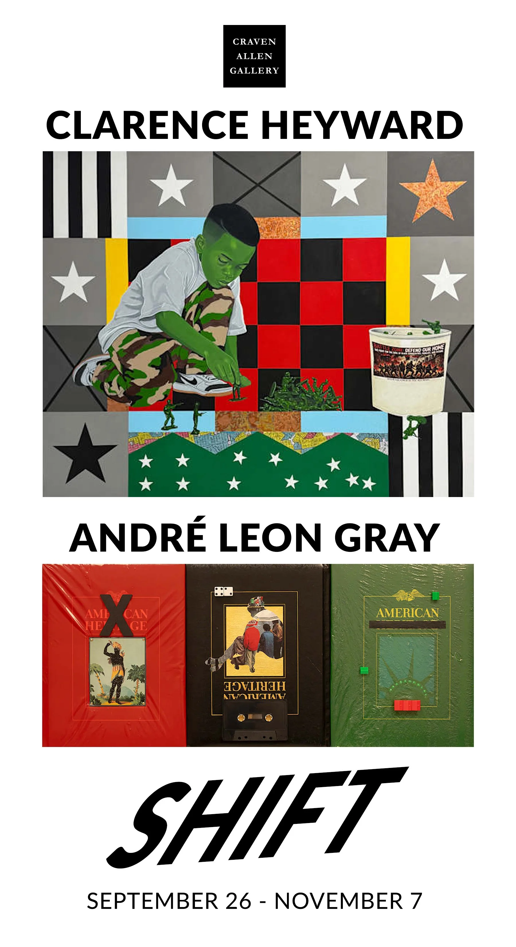 Poster for an art exhibition featuring Clarence Heyward, presented by Craven Allen Gallery, with artwork including a young boy with green skin and camouflage pants squatting, a checkerboard background, and various other colorful pieces with dates September 26 to November 7.