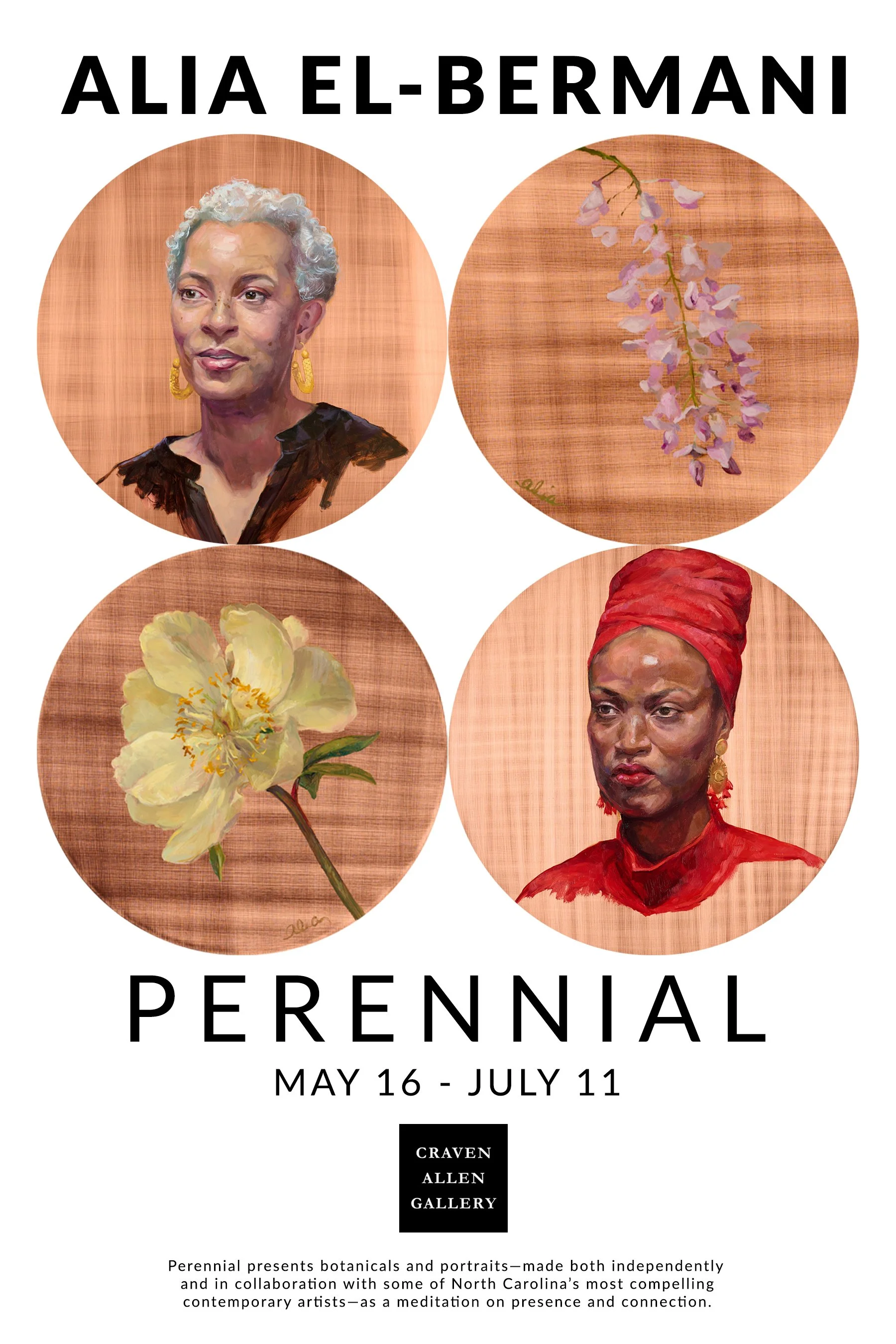 Event poster for an art exhibition featuring portraits and botanicals by Alia El-Bermani, running from May 16 to July 11 at the Craven Allen Gallery. The poster displays painted portraits of two women and floral artwork, with a header and event details.