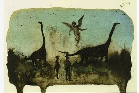A watercolor painting depicting two dinosaurs, a flying angelic figure, and two small human figures.