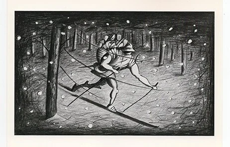 A person cross-country skiing through a snowy forest with trees and falling snow.
