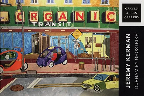 Colorful mural depicting a city street scene advertising organic transit, with cars, a bicycle rack, and storefronts, featuring the text 'ORGANIC TRANSIT' and artist information.