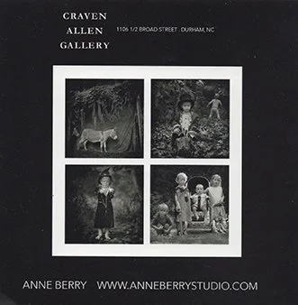 Black promotional card featuring four black and white photographs of children and animals, advertising art gallery and photography services.