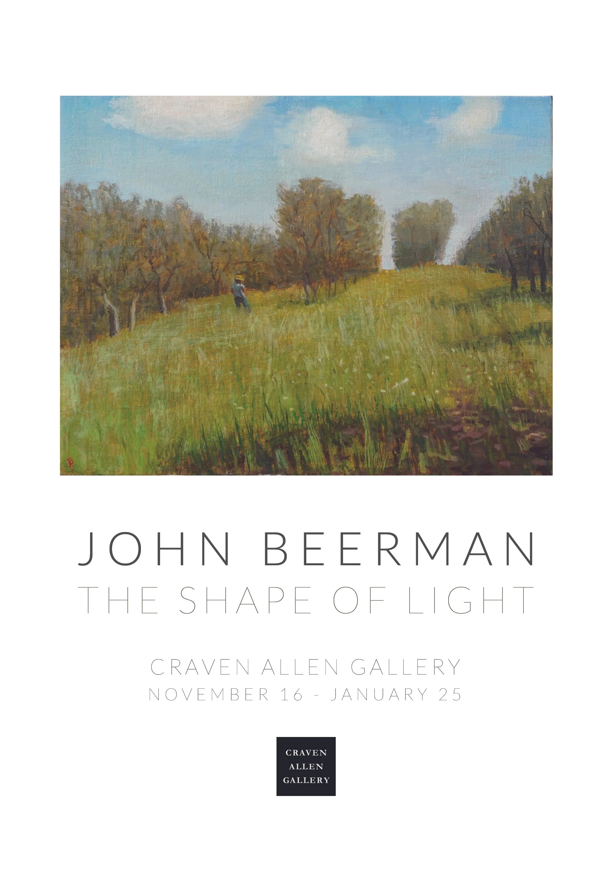 Advertisement for an art exhibition by John Beerman titled 'The Shape of Light' at the Craven Allen Gallery, featuring a painting of a landscape with trees, grass, and a person in the distance under a partly cloudy sky.