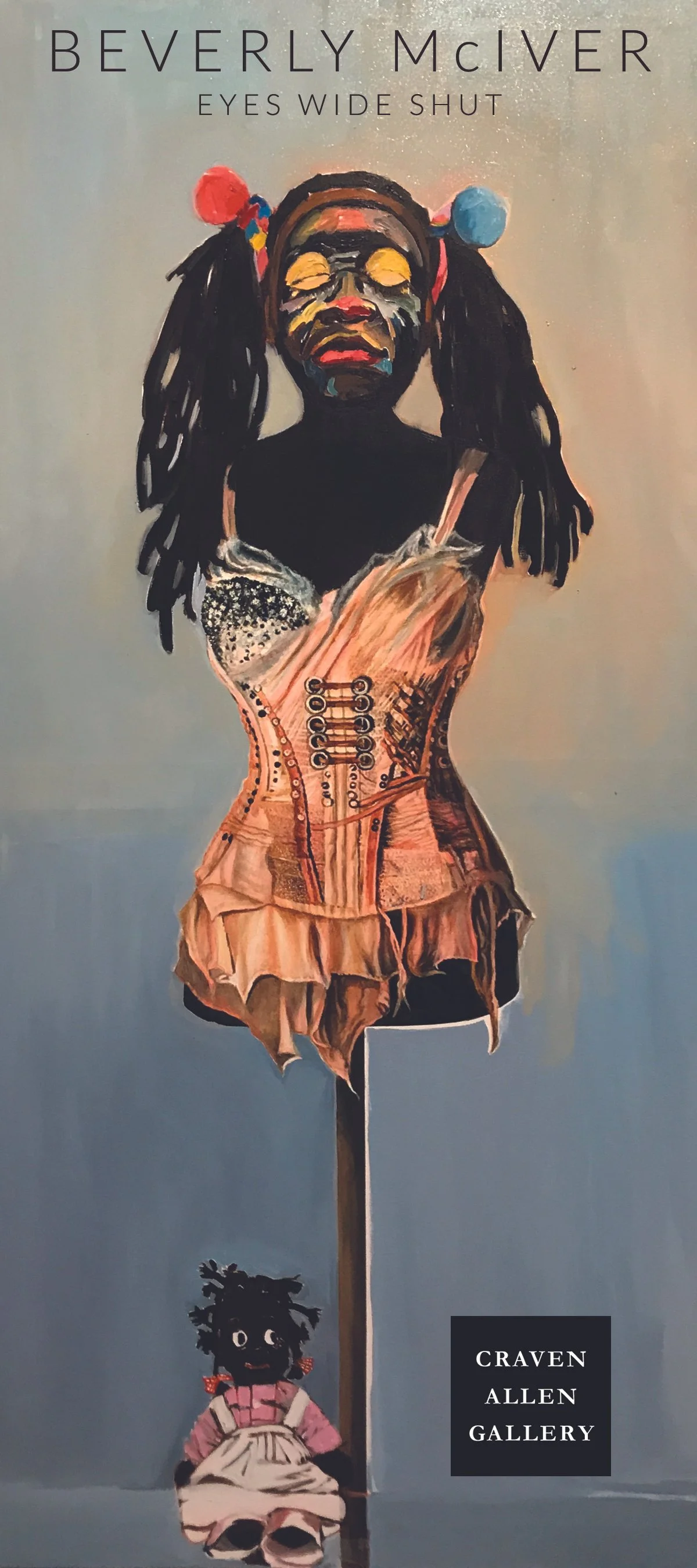 Artwork of a girl with a painted face and black hair with red and blue puffs, wearing a corset and layered skirt, holding a hanging puppet with a black, furry head and pink outfit, in an art gallery.