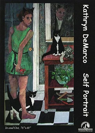 A woman in a green dress holding a red object, standing in a doorway, with a black and white cat on the floor; a black and white cat sitting on a table reading a newspaper; a man’s face visible in the mirror; plants and tools in the background; the t
