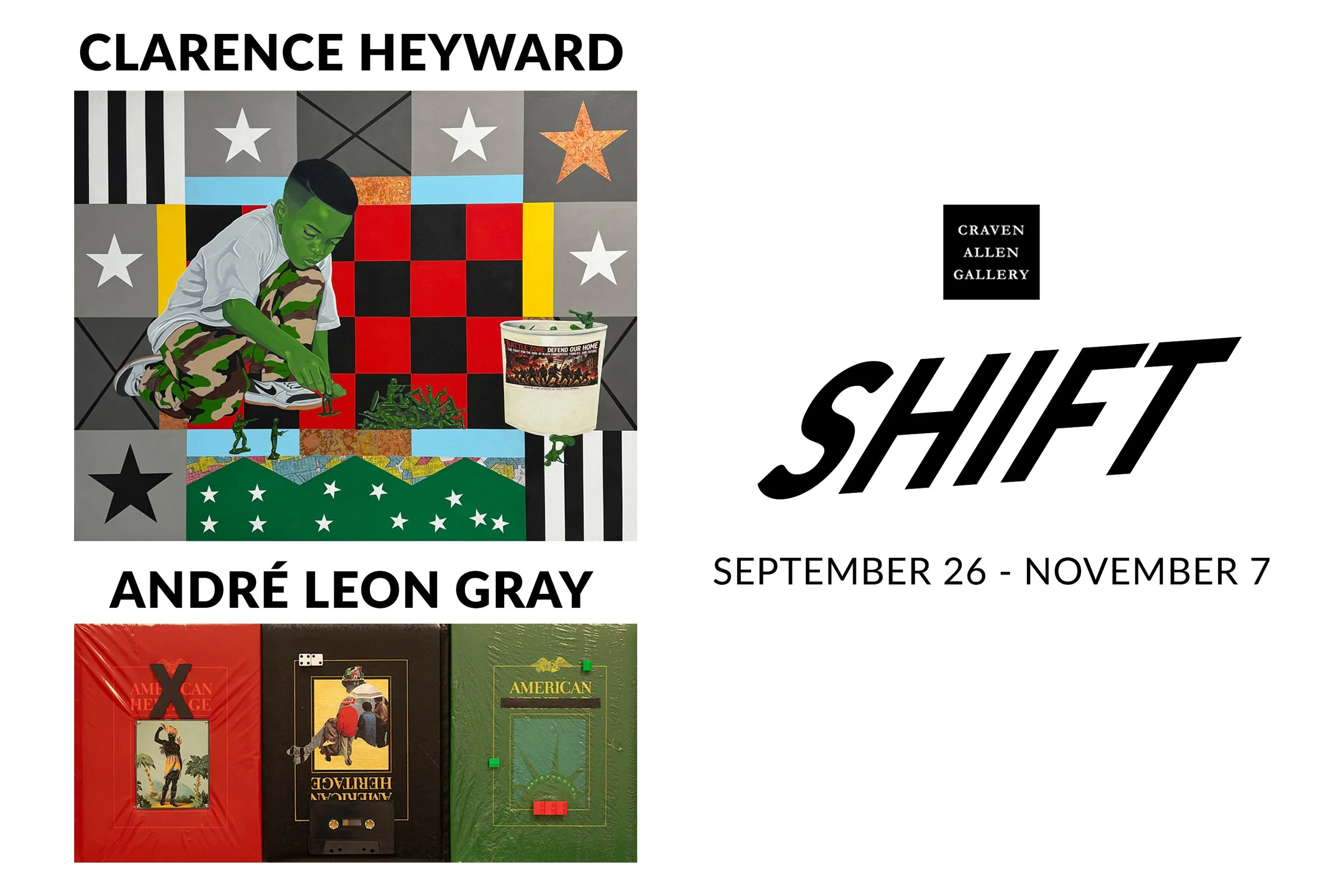 Poster for an art exhibition featuring works by André Leon Gray titled 'Shifting,' running from September 26 to November 7, at Craven Allen Gallery. The poster includes a colorful illustration of a boy in camouflage pants and a white shirt, sitting on the floor, with a background of geometric patterns, stars, and a large cup with a 'Battle Zone' graphic.
