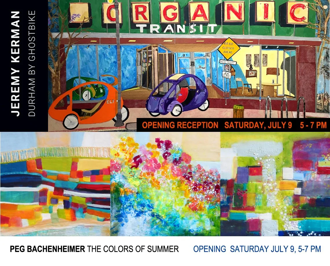 A colorful artistic poster advertising an art exhibit by Peg Bachenheimer titled "The Colors of Summer," opening on Saturday, July 9 from 5 to 7 PM. The poster features an illustration of a storefront with a sign that reads "Organic Transit," and depicts two small, uniquely shaped, colorful vehicles parked outside. Below, three abstract, vibrant paintings are displayed.