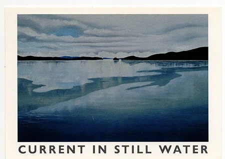 A photograph of a lake with calm, still water under a cloudy sky, with distant landforms on the horizon. The text at the bottom reads 'CURRENT IN STILL WATER'.