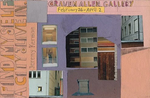 A collage poster for the Craven Allen Gallery exhibit, featuring artwork and photographs of buildings and artworks, with the exhibit dates February 26 to April 2.