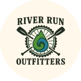 River Run Outfitters logo featuring a green teardrop, crossed paddles, and a gear with the text 'River Run Outfitters'.
