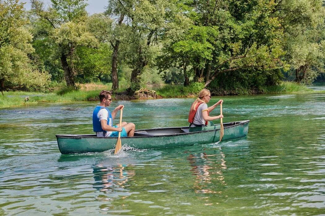 Two people paddling a green canoe on a river, surrounded by trees and greenery.