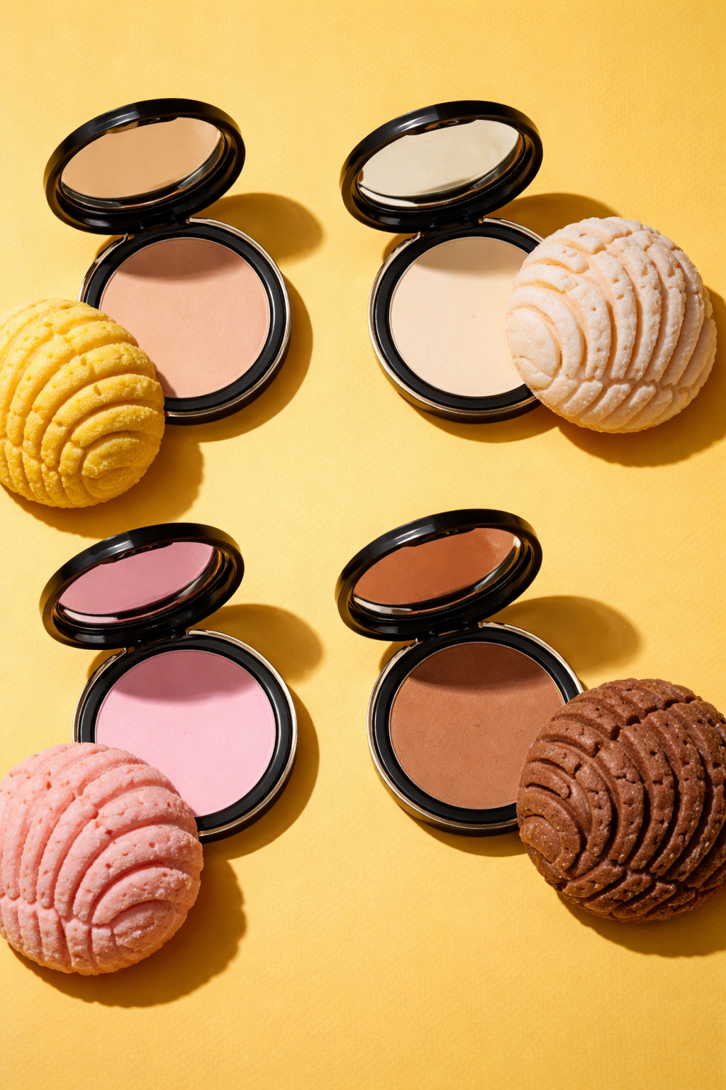 Four makeup powder compacts in the shape of pan dulce, each with different shades, set against a yellow background.