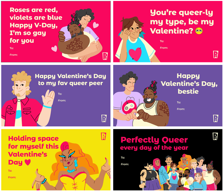 Six colorful Valentine's Day cards with diverse characters and inclusive messages celebrating LGBTQ+ love, friendship, and pride.