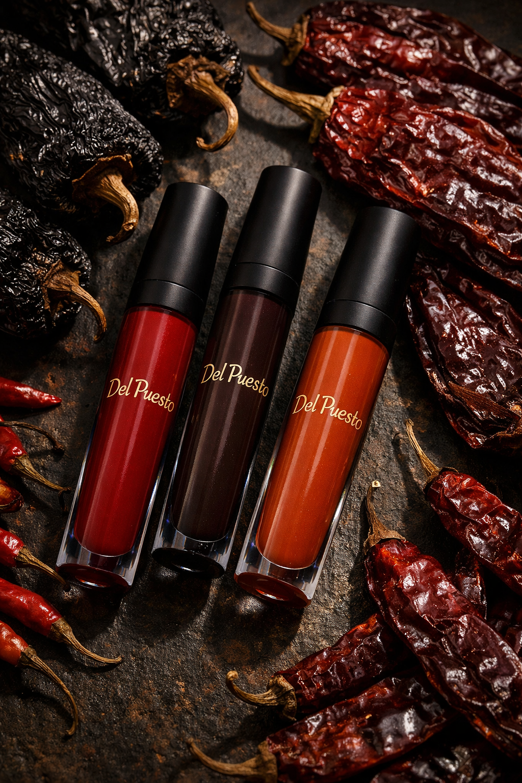 Three lip gloss tubes with black caps labeled 'Del Puesto' surrounded by red and black dried chili peppers on a dark surface.