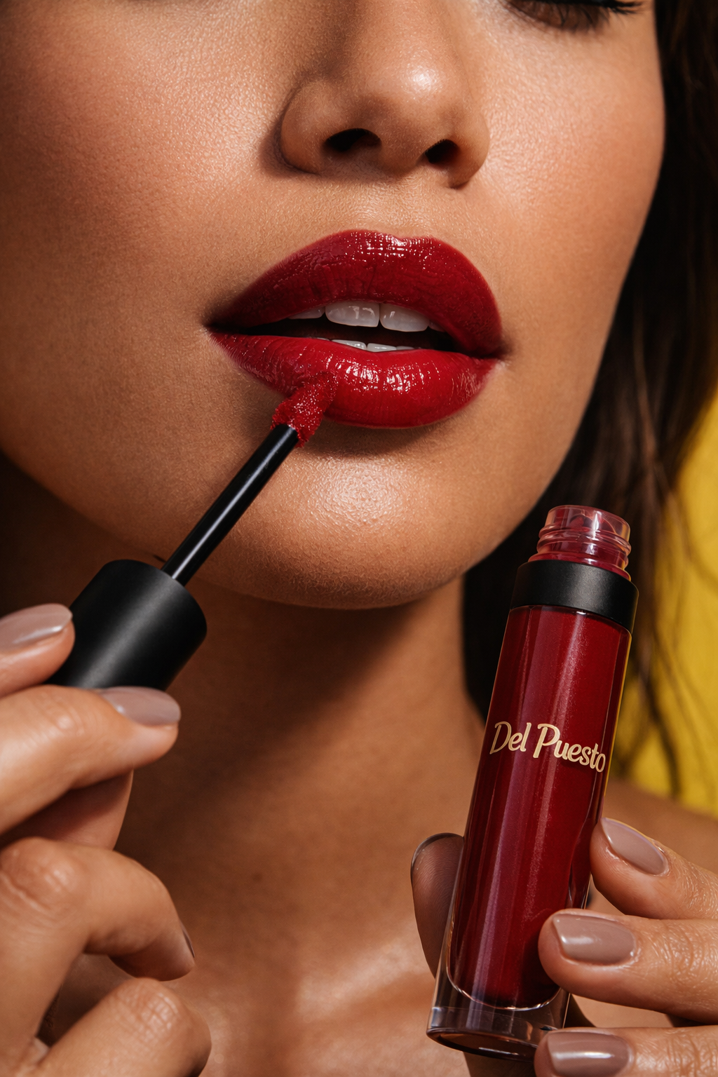 Close-up of a Hispanic woman applying red lipstick.