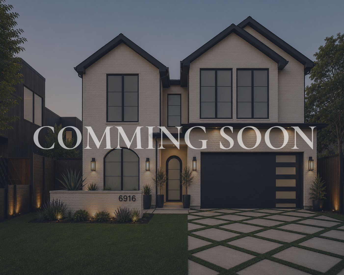 Modern two-story house with white brick exterior, large black window frames, black garage door, and front yard with green grass and plants, with text overlay 'Coming Soon'.
