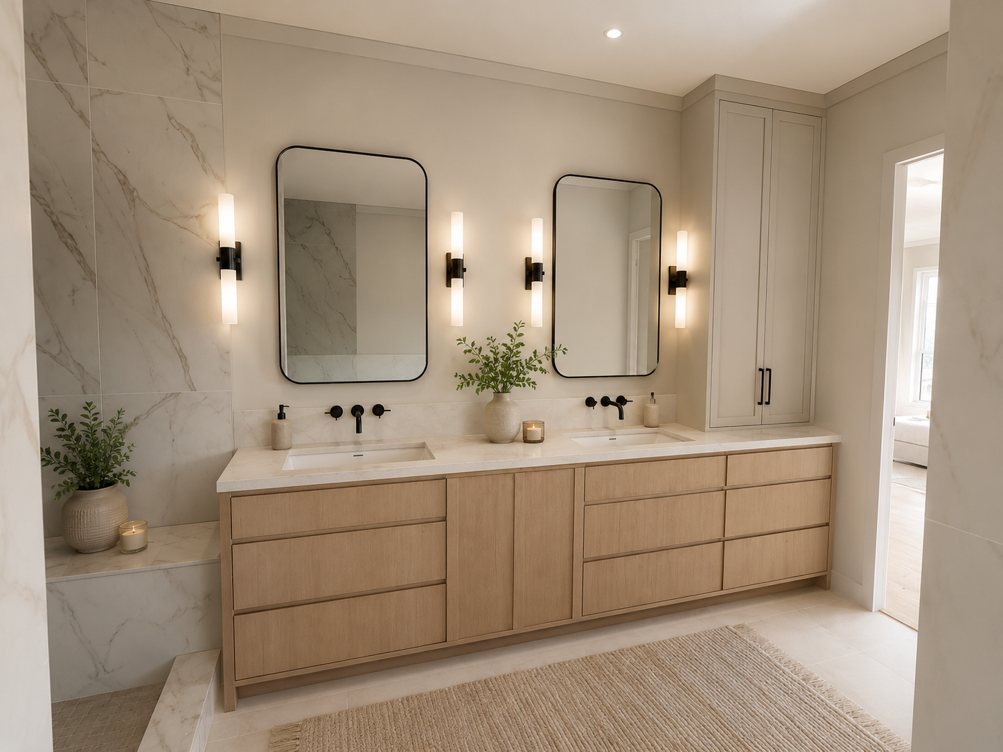 Modern bathroom with double vanity, large mirrors, black fixtures, wall sconces, and decorative jars with greenery.