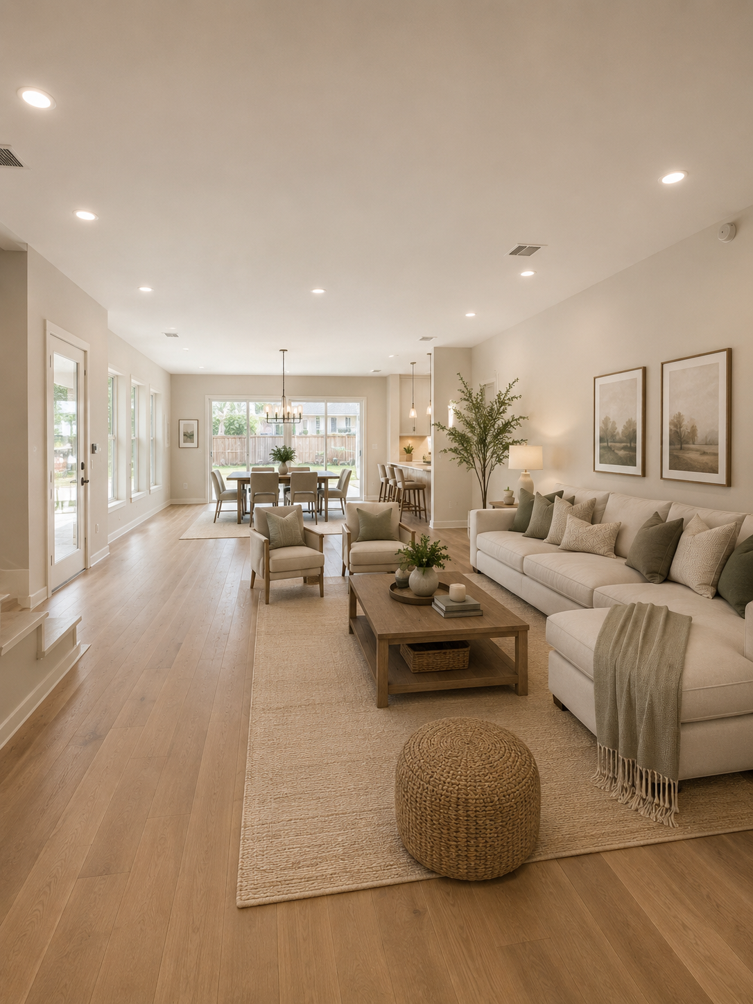 Open-concept living and dining room with beige furniture, wooden flooring, and large windows letting in natural light.