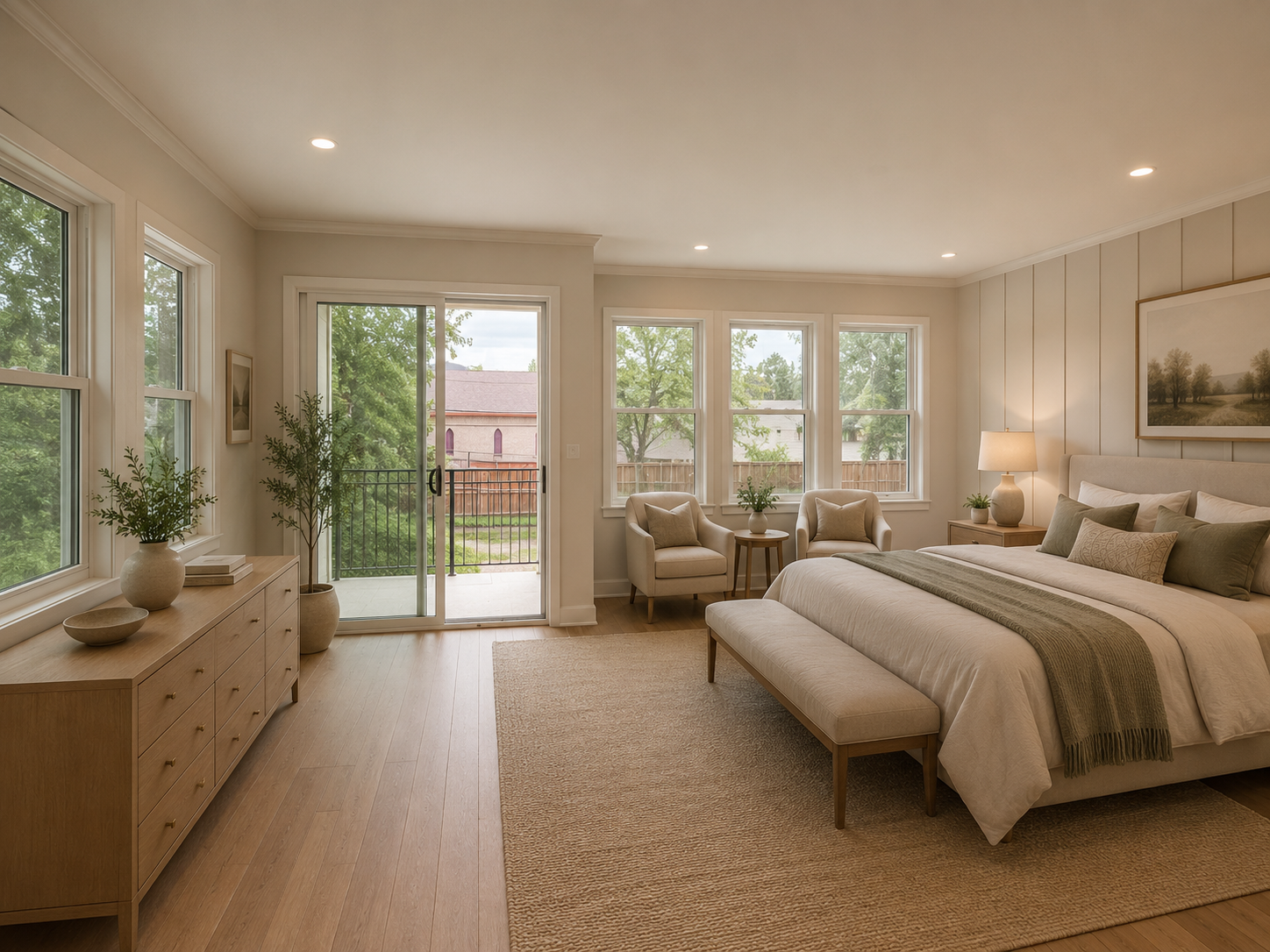 Bright bedroom with large windows, a sliding glass door leading to a small balcony, a bed with beige and green accents, two armchairs, a wooden dresser with potted plants, and framed artwork.