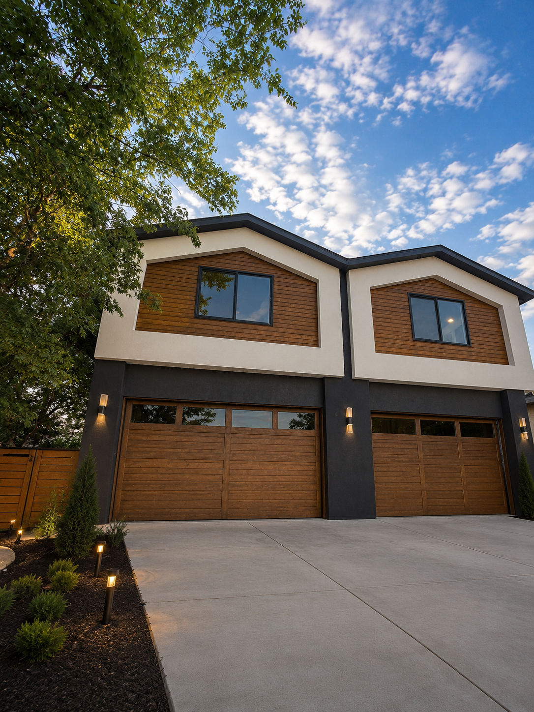Modern two-story house with wooden garage doors, black accents, and large windows, under a blue sky with scattered clouds, next to a landscaped yard with small shrubs and pathway lights.