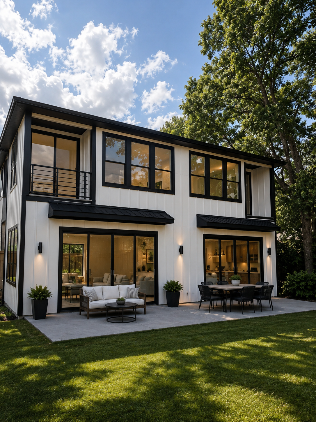A modern two-story house with large black-framed windows and doors, white vertical siding, a small balcony, and a patio with outdoor furniture and potted plants, surrounded by green grass and trees under a blue sky with clouds.
