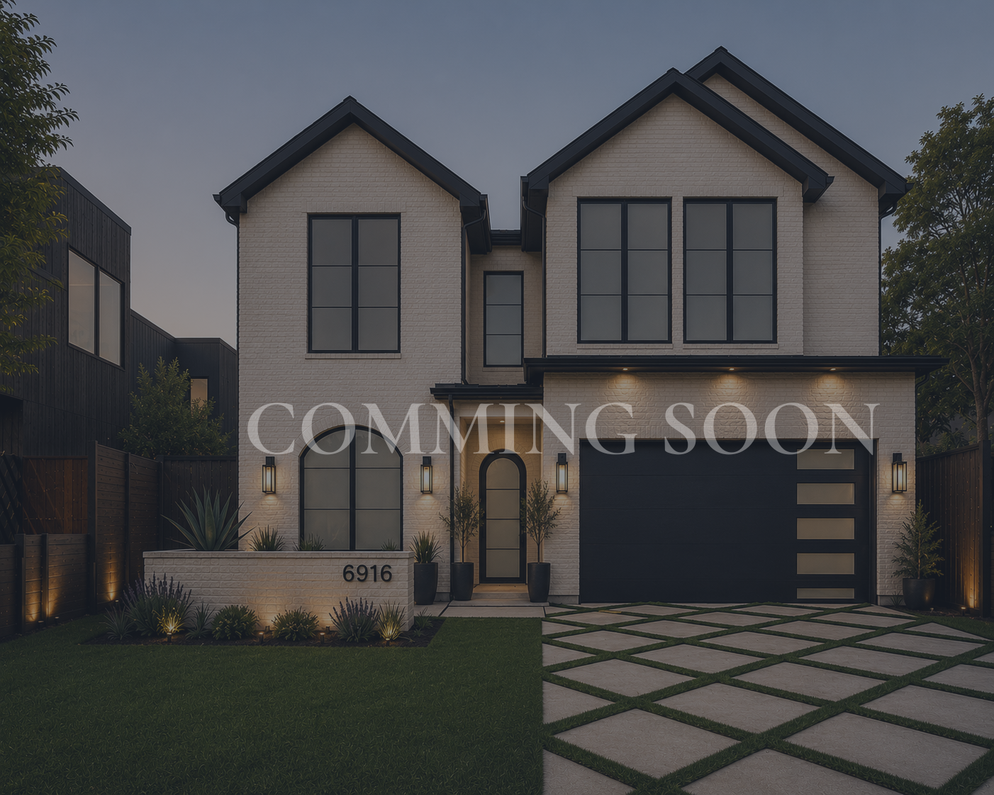 Modern two-story house with white brick exterior, large black-framed windows, black garage door, and landscaped front yard with pathway and potted plants. Text overlay says "Coming Soon".