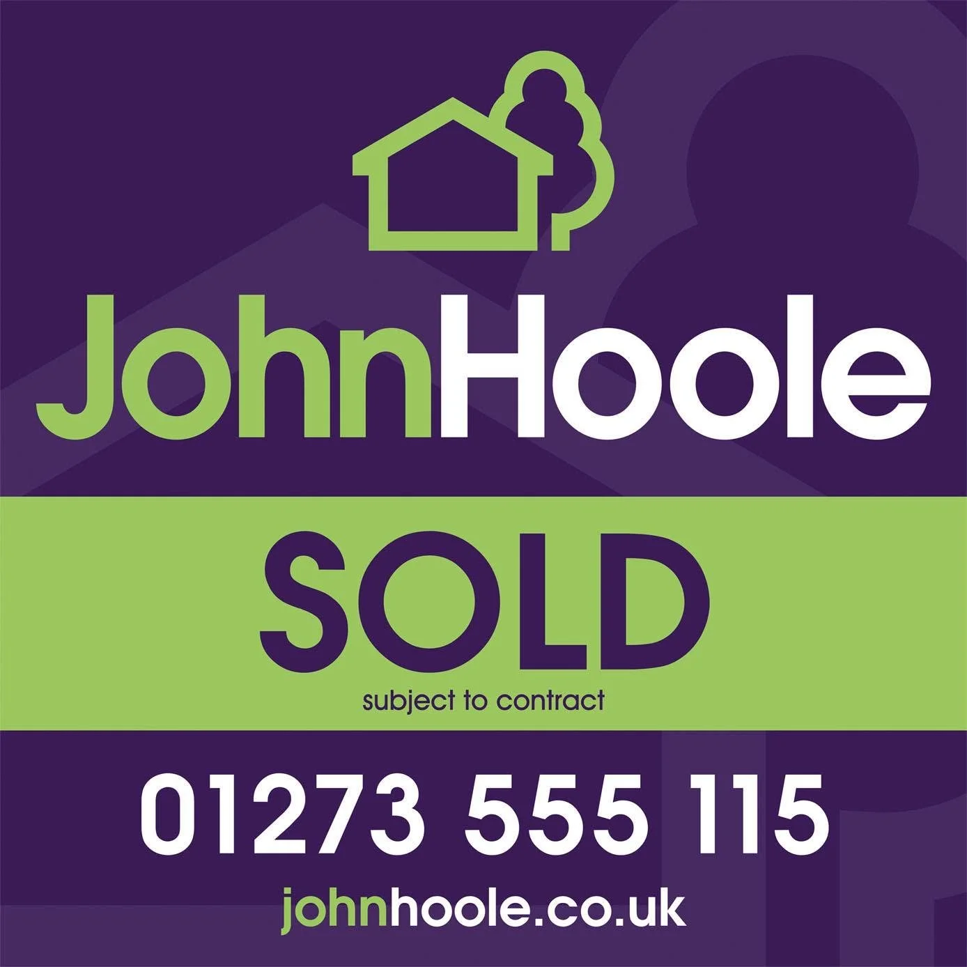 A real estate sign with a purple and green color scheme, displaying the name John Hoole, with a house and tree icon, indicating the property is sold, with contact information and a website URL.