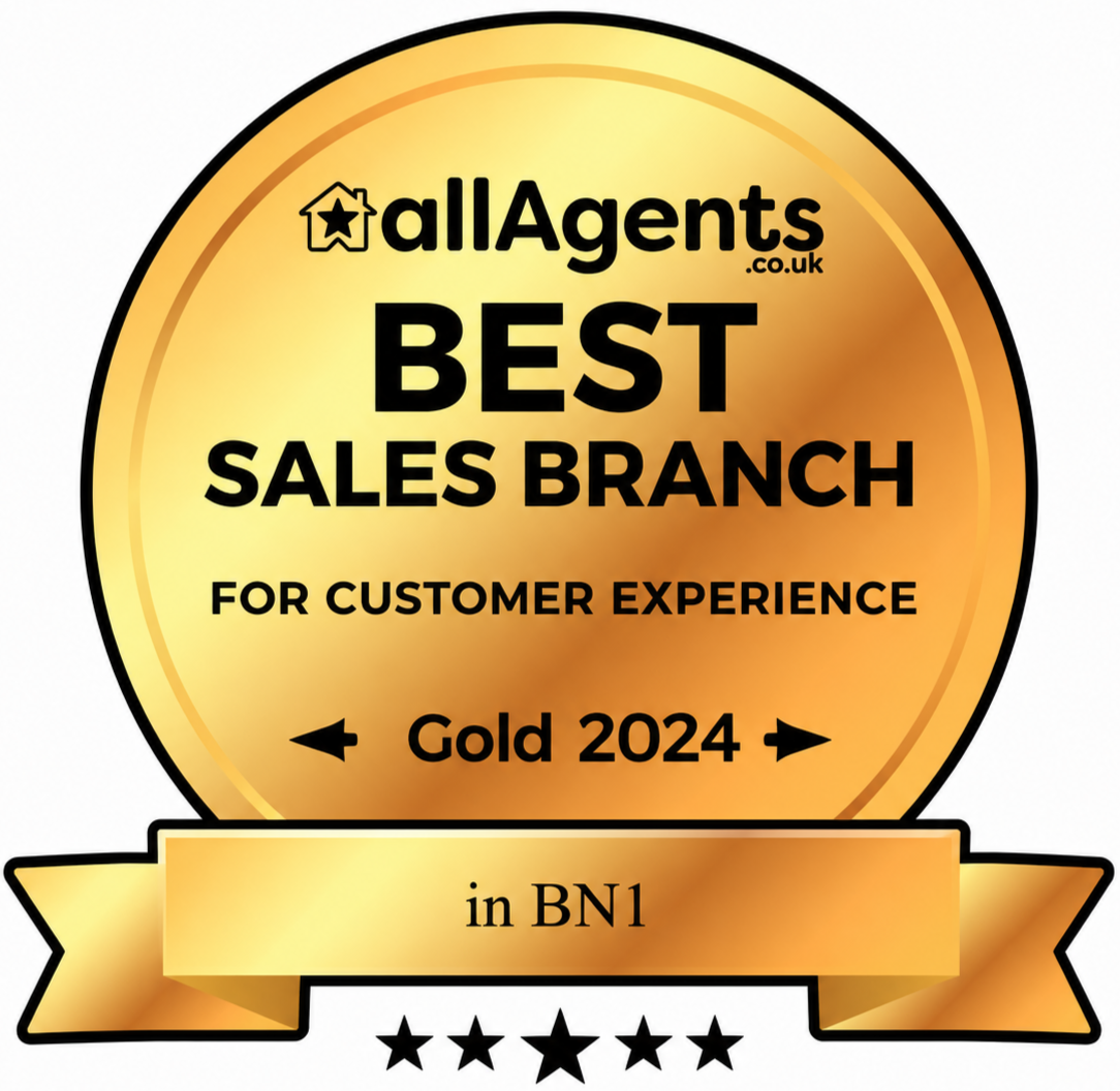 Gold award from allAgents.co.uk for the best sales branch for customer experience in BN1 in 2024, with five stars underneath.