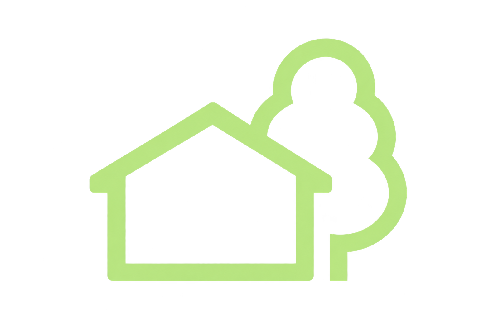 A simple line drawing of a house with a chimney on the roof, a door, and windows, shown in light green with some shading.