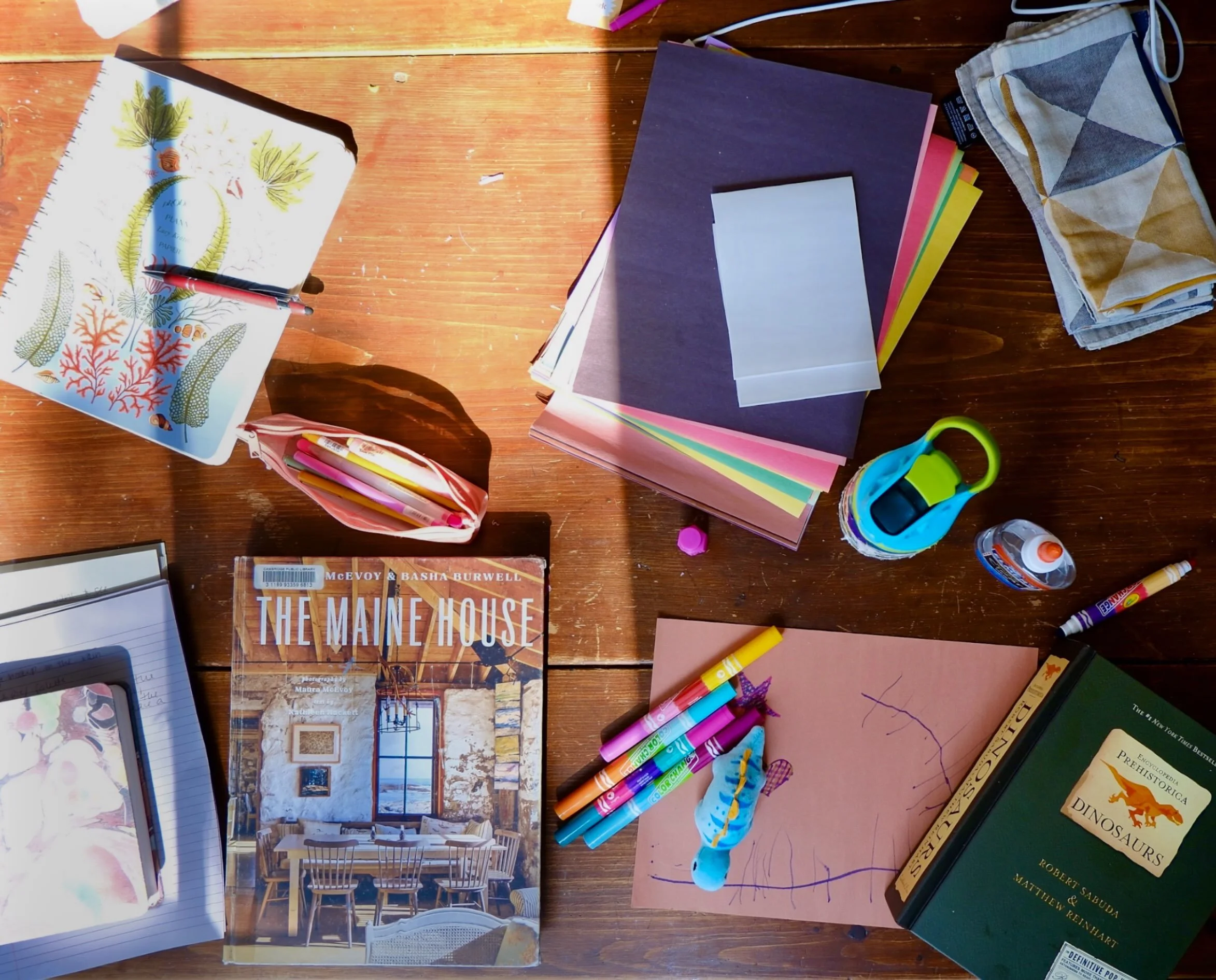 Still life of a creative workspace. The person seated on the left is beginning her next book and apparently believes that the correct color of muted coastal grandmother loose leaf paper, muji highlighters, and cottage inspo will write the first draft