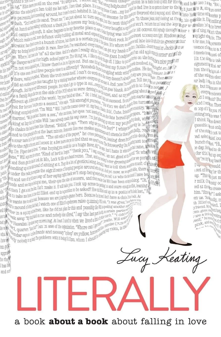 Cover of the book "LITERALLY" by Lucy Keating, featuring an illustration of a woman with short blonde hair in a white top and red shorts, surrounded by text that spirals inward.
