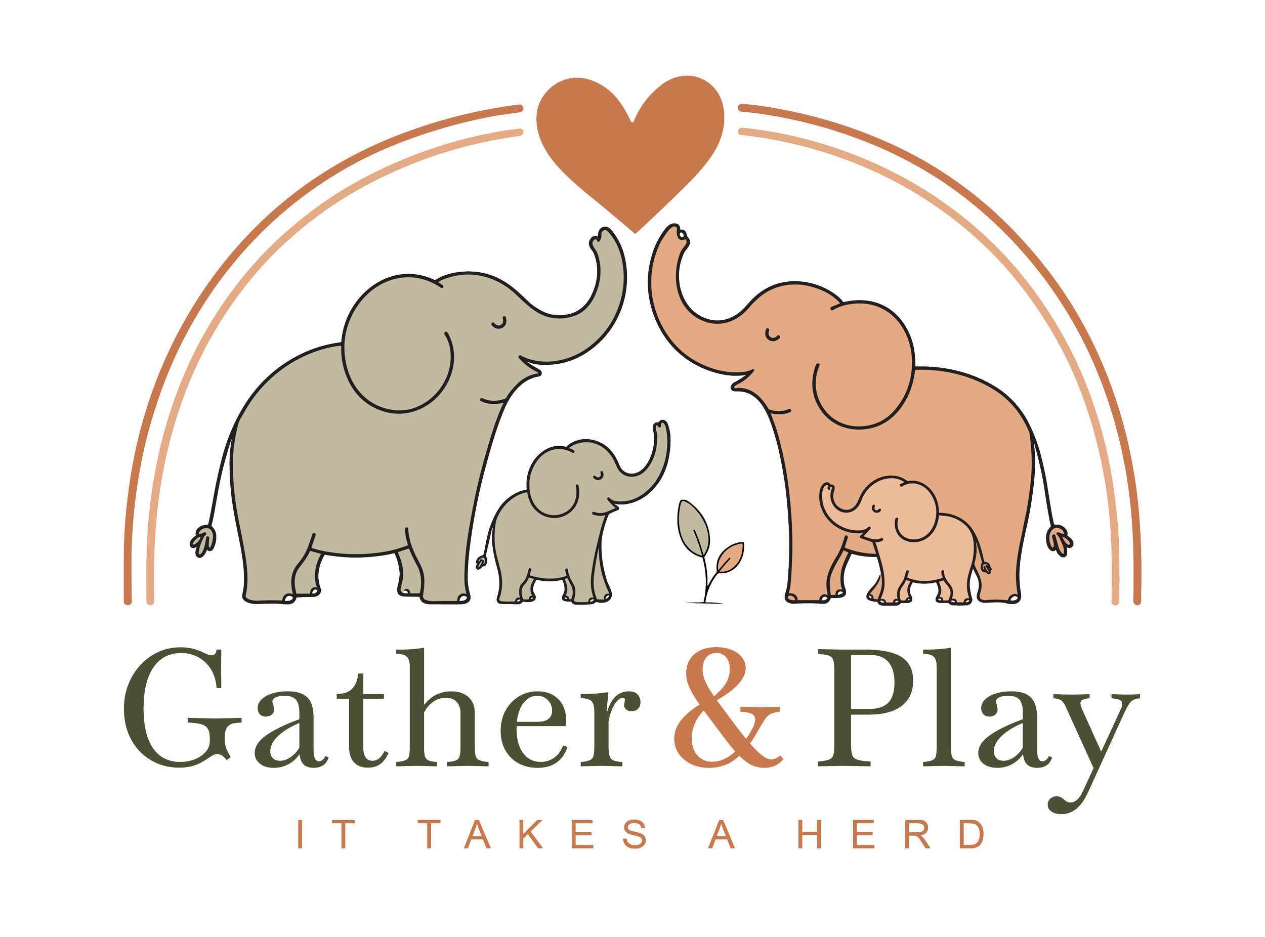 Decorative logo with illustrations of elephants and a heart above a rainbow, with the text 'Gather & Play: It Takes a Herd'.