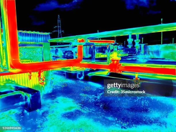 Infrared thermal image of an industrial pipe system outdoors with various pipes and structures.