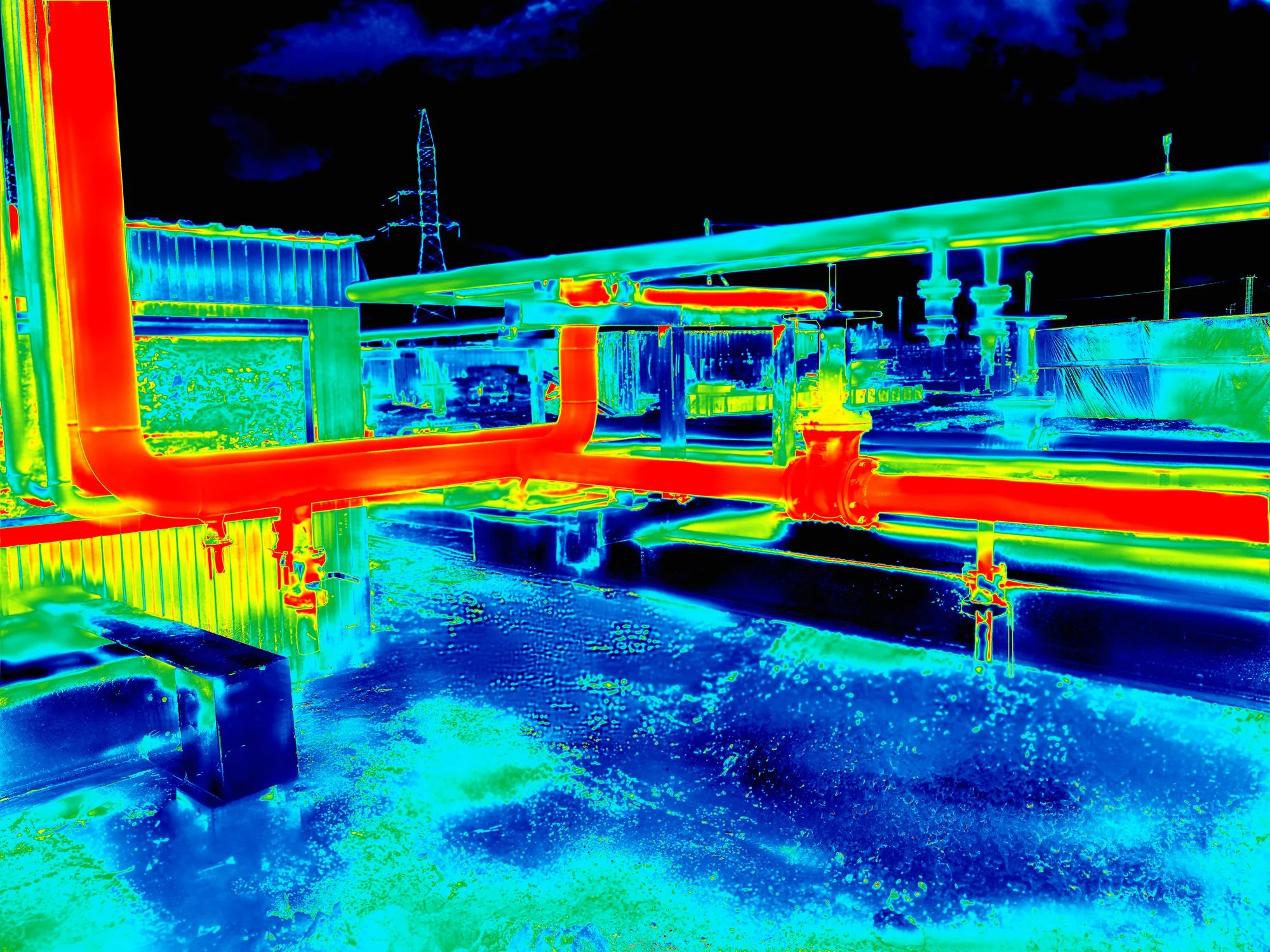 Infrared thermal image of an industrial outdoor scene showing pipes, structures, and a transmission tower against a dark sky.