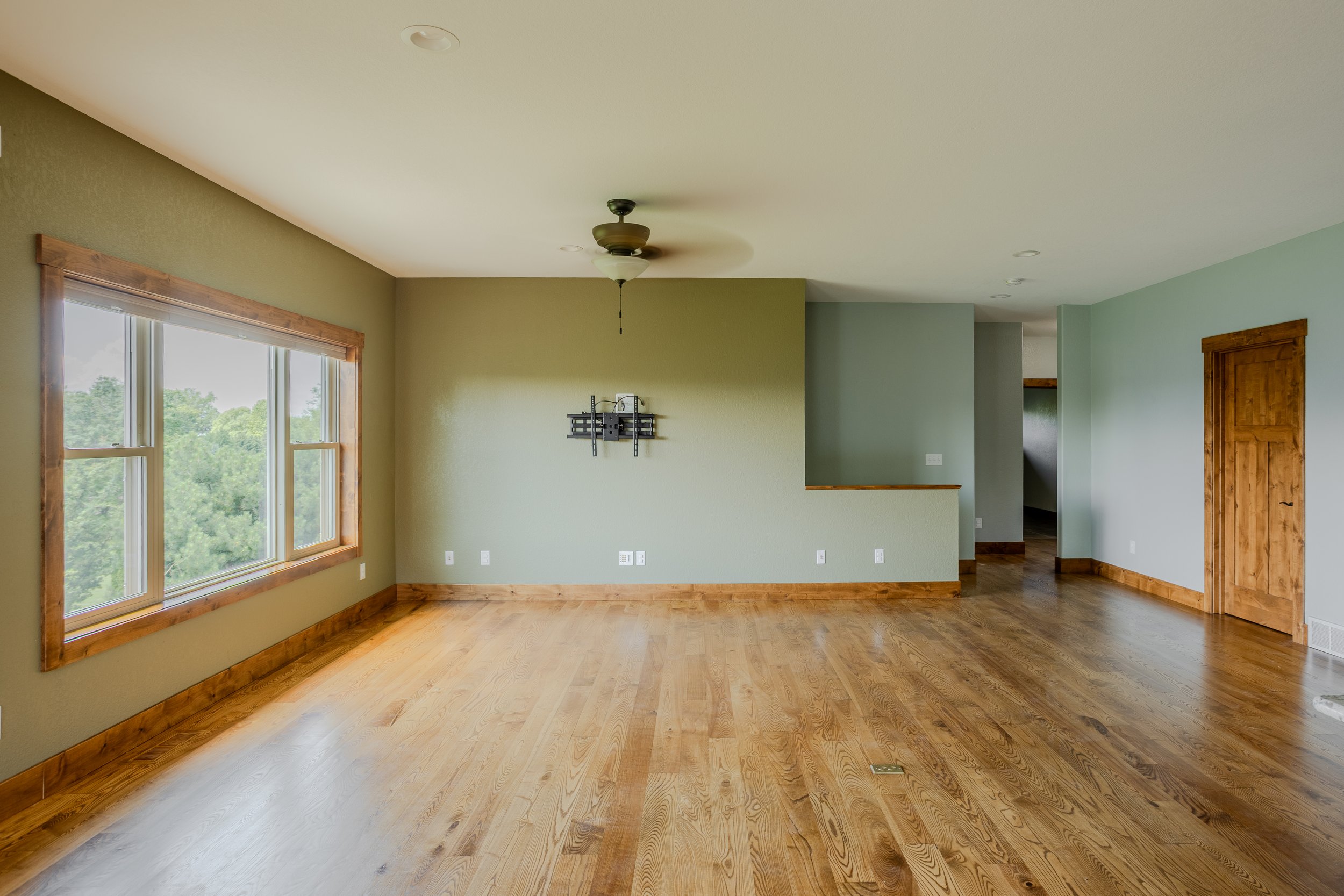 Empty living room with large windows, green walls, wooden trim, hardwood flooring, ceiling fan, and wall mount for a TV.