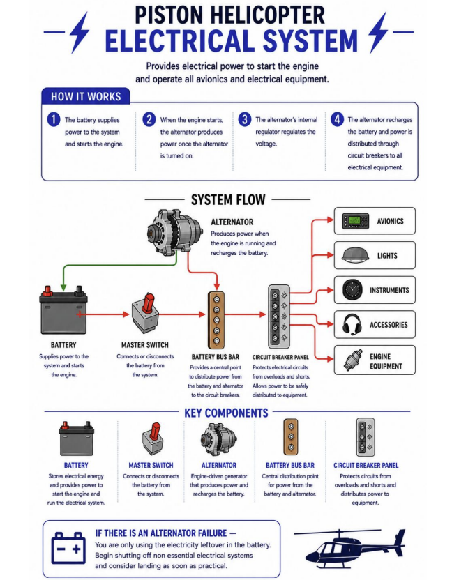 Diagram and explanation of a piston helicopter electrical system, showing how the battery, master switch, battery bus bar, alternator, and circuit breaker panel connect to avionics, lights, instruments, accessories, and engine equipment, with flow of power directions and key components.