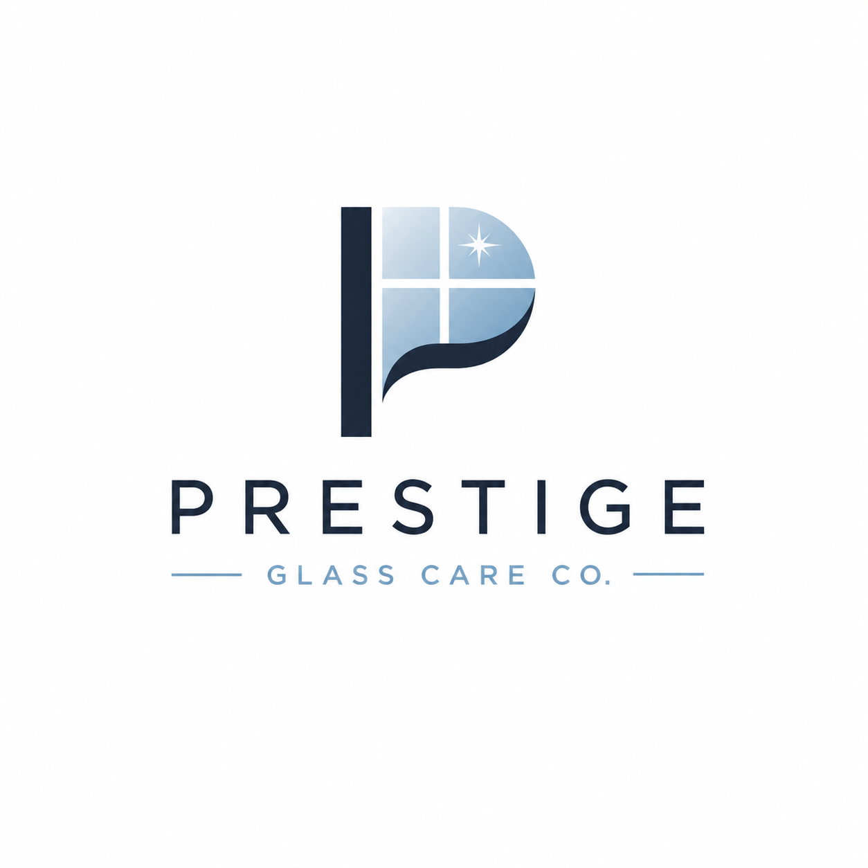 Logo for Prestige Glass Care Co. with a stylized 'P' and a star, in blue tones.