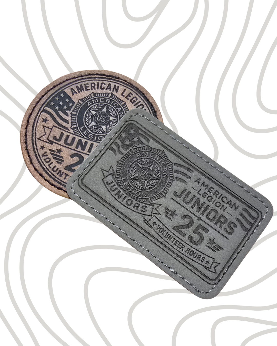 Two items related to the American Legion: a circular patch with an American flag and Legion symbols, and a rectangular silver badge with Legion emblems and the text 'A American Legion Juniors 25 Volunteer Hours'.