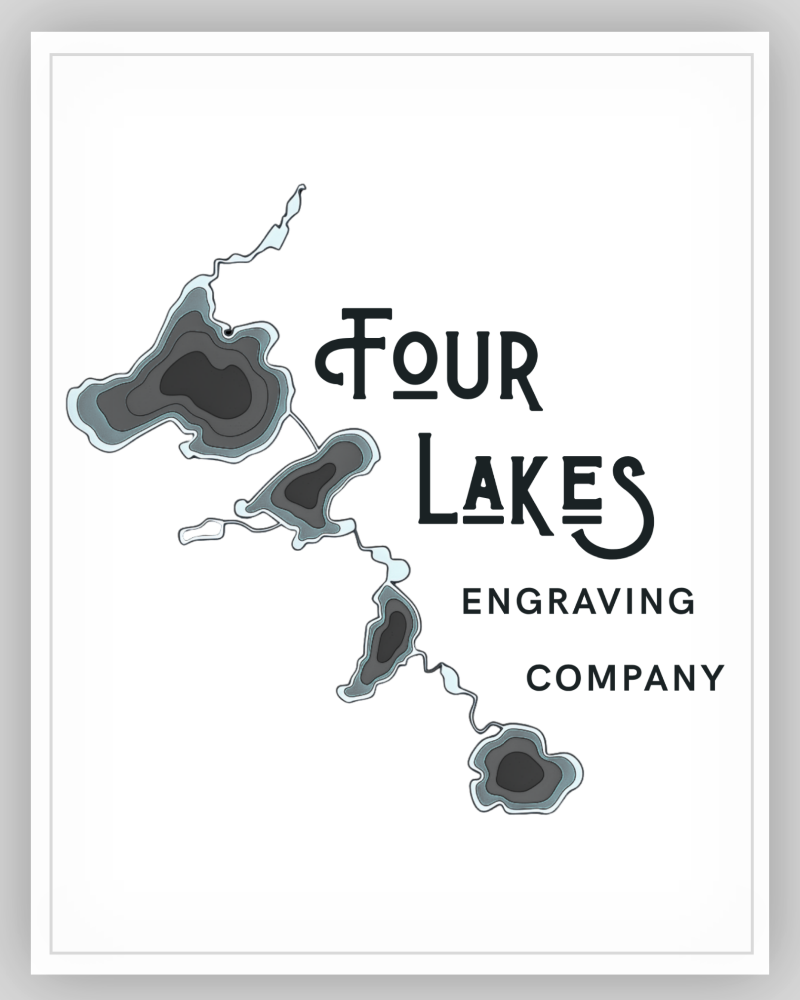 A topographic map of Four Lakes, with contour lines indicating elevation changes, along with the words 'Four Lakes Engraving Company'.