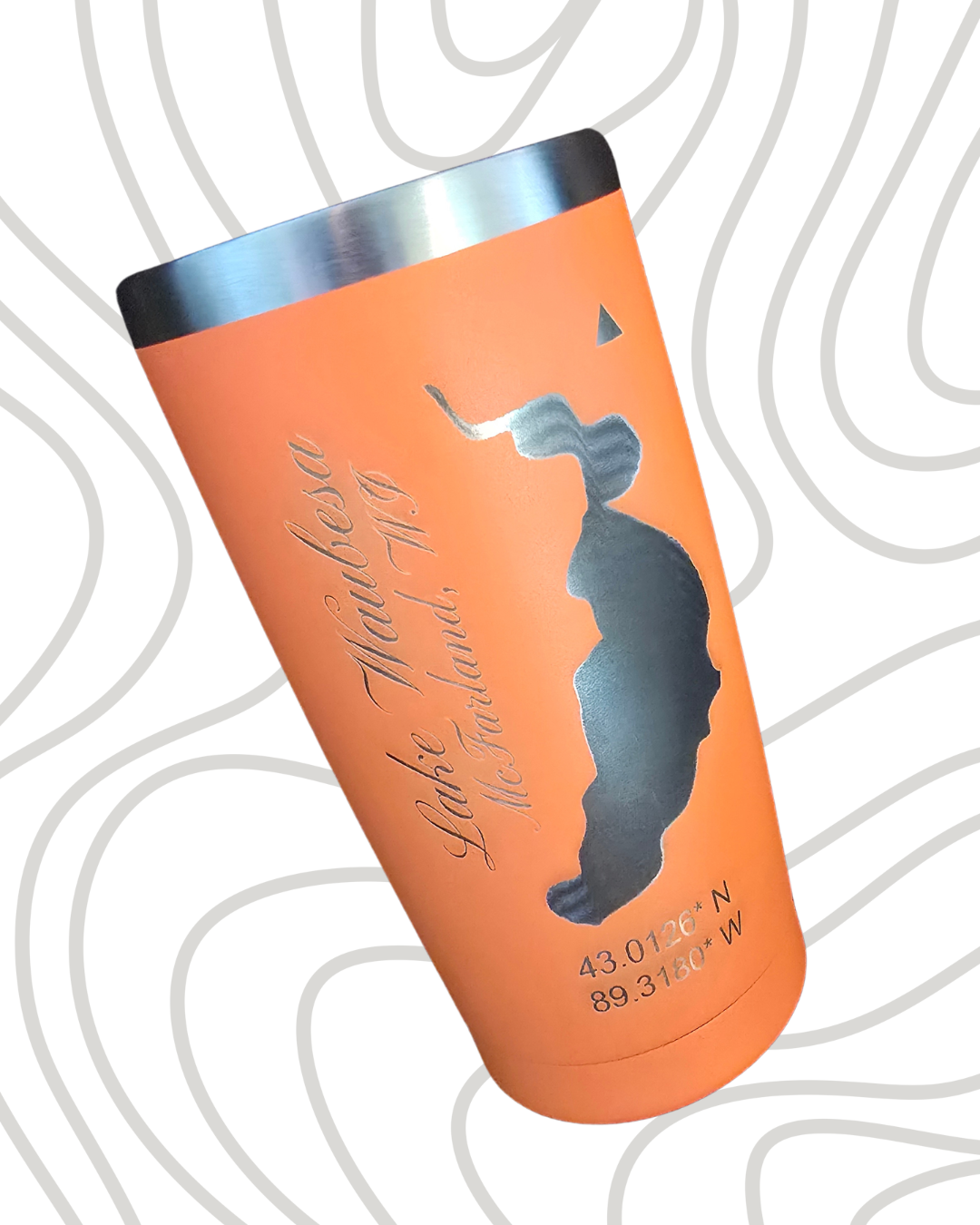 An orange travel tumbler with a black lid, featuring a silhouette of the state of California and the text "San Francisco, California" along with coordinates 43.0126°N, 89.3180°W.