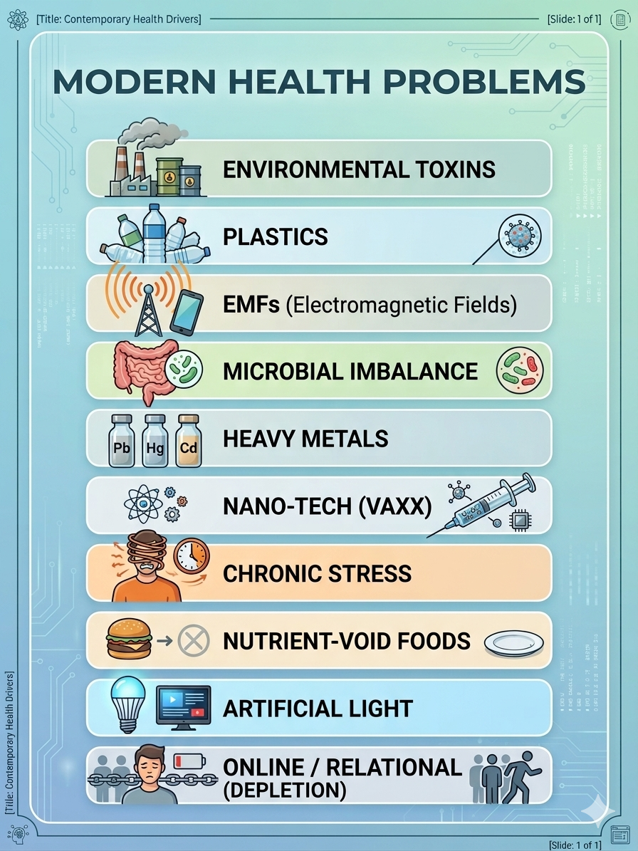 An infographic titled 'Modern Health Problems' listing causes such as environmental toxins, plastics, EMFs, microbial imbalance, heavy metals, nano-tech (Vaxx), chronic stress, nutrient-void foods, artificial light, and online/relational depletion, with corresponding icons.