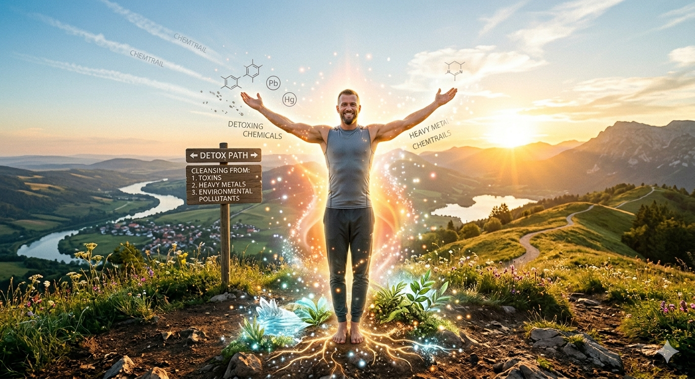 A man standing on a hilltop with arms raised, glowing with sparkling effects and surrounded by plants, with a scenic view of a river, mountains, and a sunset in the background.
